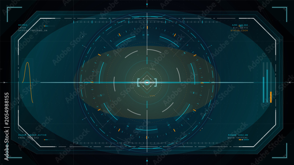 Obraz premium Futuristic radar targeting HUD interface with circular scanner, crosshair lock, telemetry bars, tactical data labels, and dark glowing display
