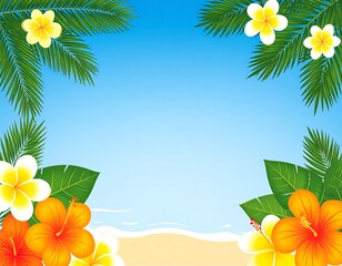 Colorful Tropical Flower Border Framing Sunny Beach Scene with Blue Sky Background