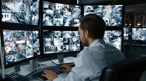 Security guard monitors multiple surveillance camera feeds on large screens in a control room
