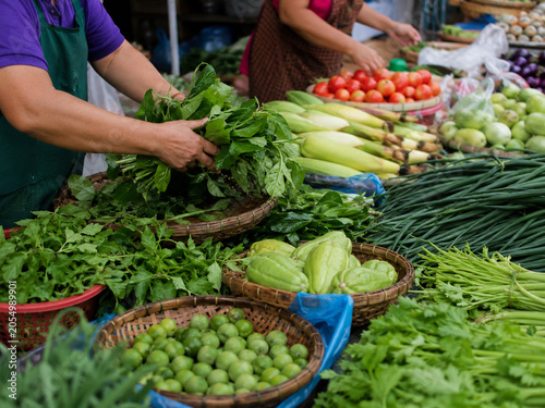 Traditional Taiwanese morning market with fresh vegetables and fruit