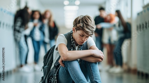 Sad teenage boy sitting alone in school hallway while classmates ignore him