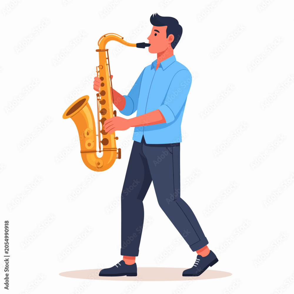 Fototapeta premium Young man playing golden saxophone with passionate musical expression.