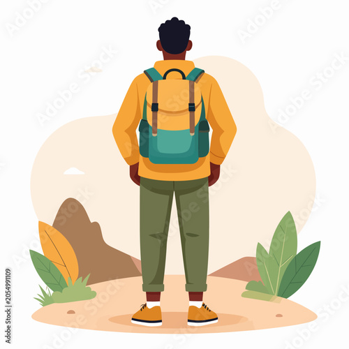 Young man with backpack standing outdoors ready for adventure and exploration.