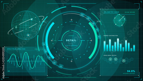Fotografie Futuristic teal telemetry HUD vector with central signal scanner, wireframe globe, spectrum chart, energy bars and node matrix on dark grid
