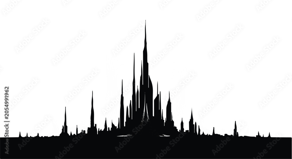 Fototapeta premium Abstract, spiky silhouette of a cityscape against a white background, suggesting urban energy and growth.