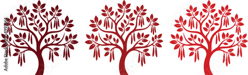 Obraz na płótnie Stylized red tree vector set, three decorative trees with leaves and hanging ele