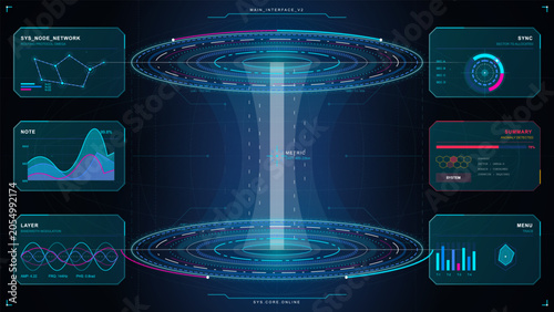Canvastavla Futuristic portal HUD vector interface with glowing dual rings, vertical energy beam, network panel, charts, sync gauge and dark grid background