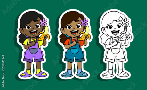 Happy Girl Eating Banana Illustration Set