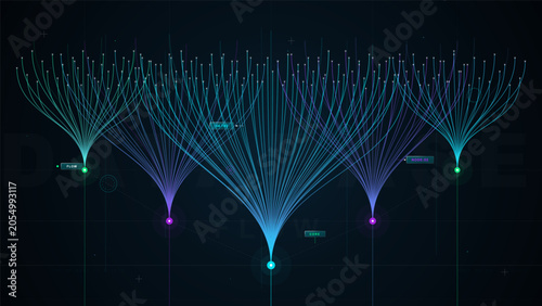 Принти на полотні Dark futuristic data flow visualization with glowing branching curves, connected