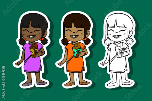 Little Girl Eating Chocolate Bar Illustration Set