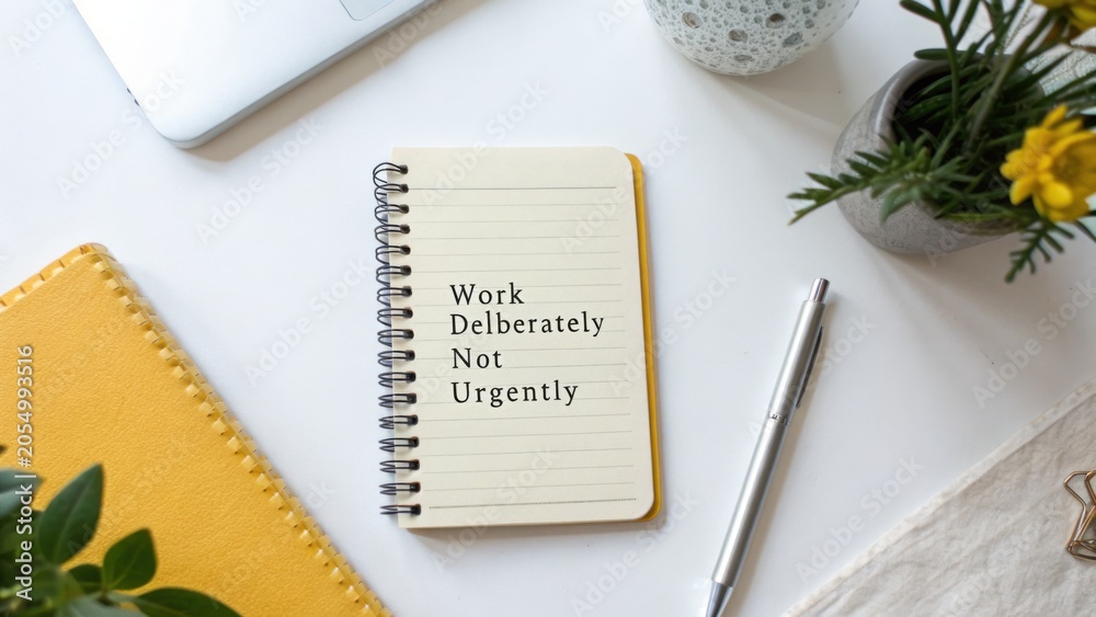 Fototapeta premium Inspirational Workspace Setup with Notepad Encouraging Deliberate Work Mindset and Productive Environment
