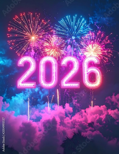 A vibrant fireworks display with neon '2026' amidst clouds