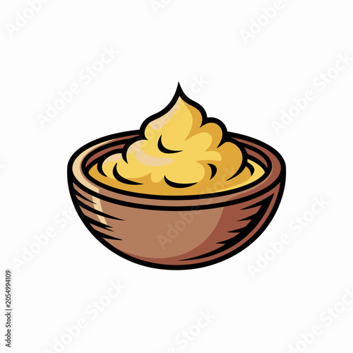 A cartoon illustration of a wooden bowl filled with yellow mustard