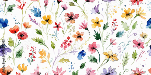 Vibrant wildflower vector background with romantic watercolor blossoms for trendy surface pattern decor