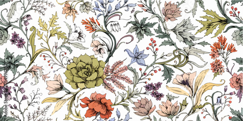 Tableau sur toile Seamless vector background with dainty watercolor flowers and botanical elements