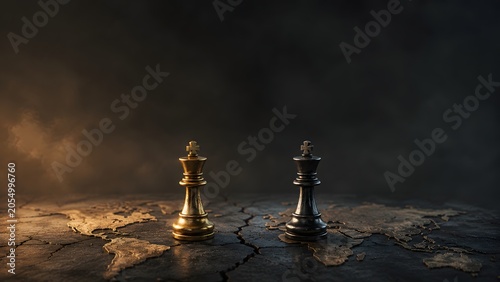 Two Chess Kings Facing Off on Cracked World Map Symbolizing Global Power Struggle