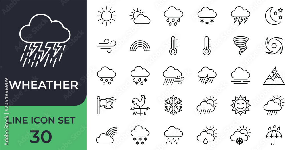 Obraz premium A collection of thirty black line style weather icons on a white background, depicting various atmospheric conditions.
