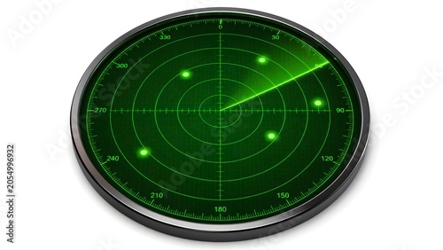 Minimalist Radar Sweep Interface with Concentric Green Grid Circles and Glowing Blip Targets on White Background