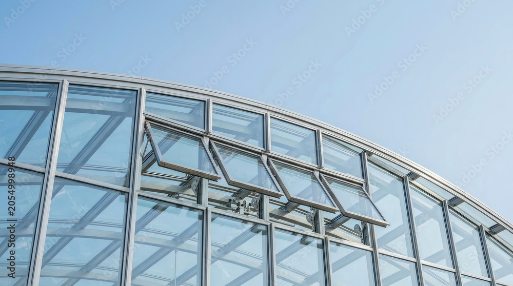 Fototapeta premium Solar panel dome glass curve under clear sky perspective. planet exploration. future science innovation, renewable sustainable power, futuristic energy architecture