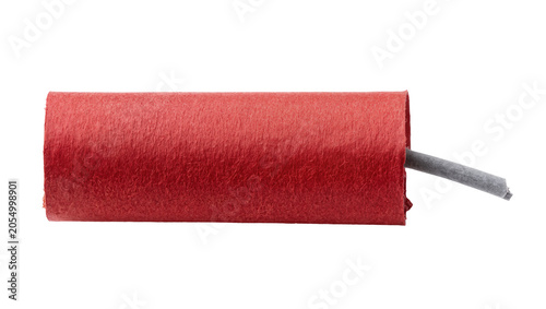 Isolated red firecracker or small explosive stick with a gray fuse, ready for ignition