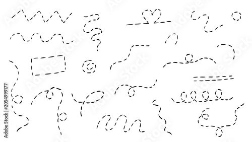 Collection of hand-drawn dashed line doodles featuring various shapes, arrows, and decorative elements. Versatile design resource for illustrations, outlines, and borders.