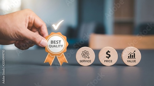 Hand holding best quality award next to service price value blocks