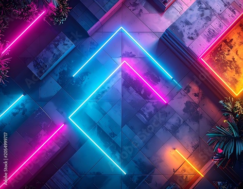A vibrant neon-lit cityscape with colorful lights and stone pavement