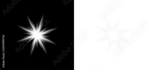 Starburst light effect dynamic radial flare on black and white backgrounds for graphic design