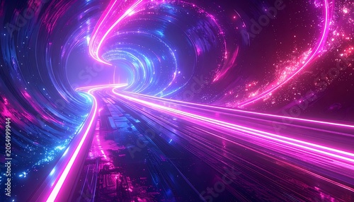 A vibrant, neon-lit tunnel with swirling purple and blue lights