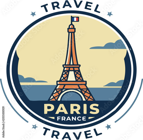 Paris France Travel Badge Eiffel Tower Circular Logo Emblem