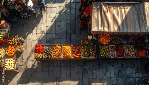 A vibrant outdoor market with a fruit stand and people