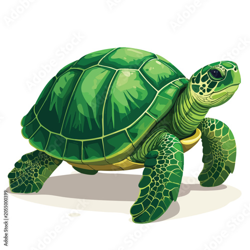 Vibrant illustration of a green sea turtle walking on white.