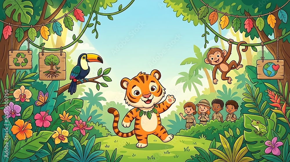 Naklejka premium Cute Tiger Cub Waving in Lush Jungle for International Tiger Day