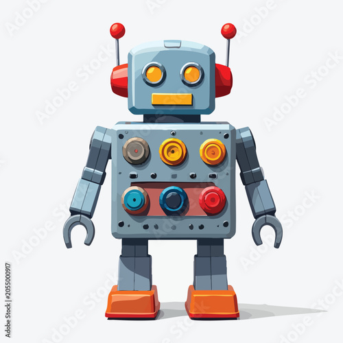 Retro style vintage toy robot with colorful buttons isolated on white.