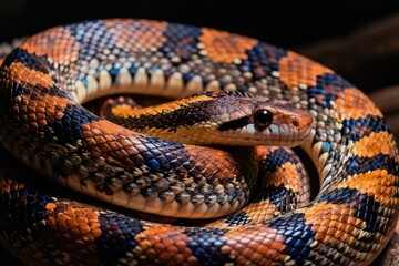 Close-up view of Brazilian rainbow boa constrictor coiled. Reptile shows vibrant orange blue black scales. Snake basks in natural environment detail. Wild animal beauty.