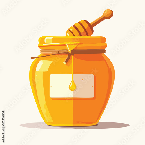 A jar of golden honey with a wooden dipper.