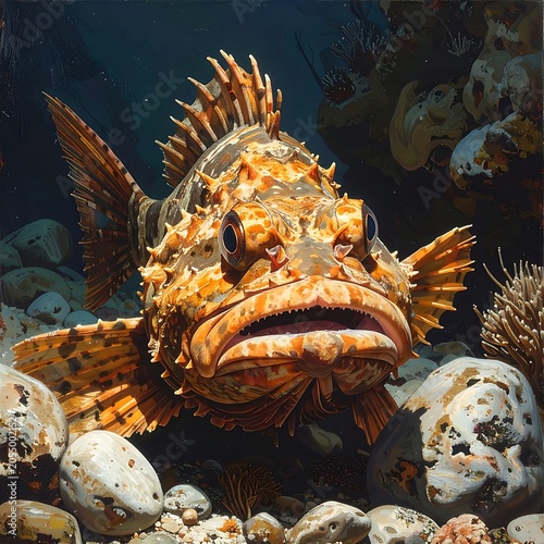 A vibrant orange fish with spiky fins and large mouth
