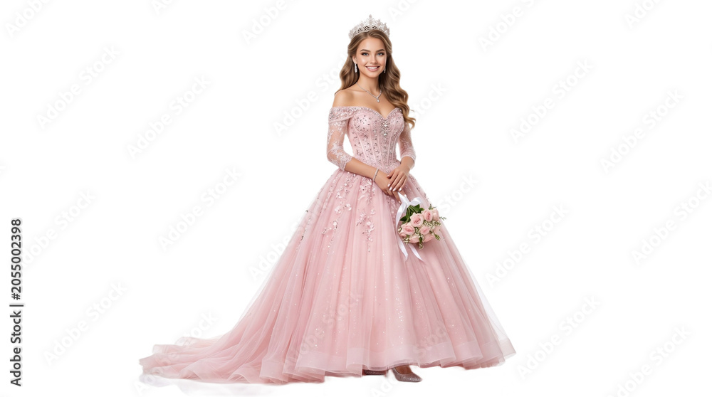 Fototapeta premium Smiling Young Woman in Elegant Pink Ball Gown and Tiara Holding a Bouquet