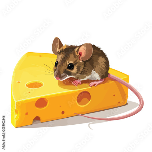 A cute brown mouse sitting on a large wedge of yellow Swiss cheese.