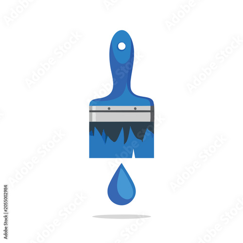 A blue paintbrush with a single paint drop dripping down.