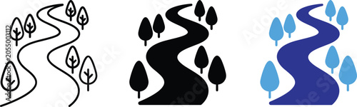 Winding River Path Through Forest Landscape Vector Illustration Set Minimalist Line Art Silhouette Icon