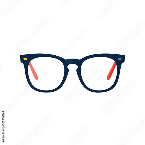 Stylish navy blue eyeglasses with red inner temples isolated on white background.