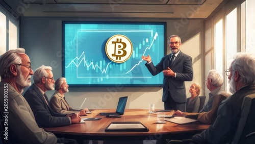 Senior executives listen attentively to a presentation on Bitcoin's growth trajectory