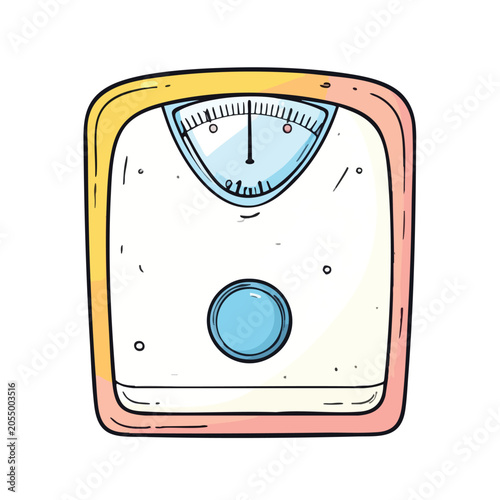 Cartoon illustration of a mechanical bathroom scale for measuring body weight.