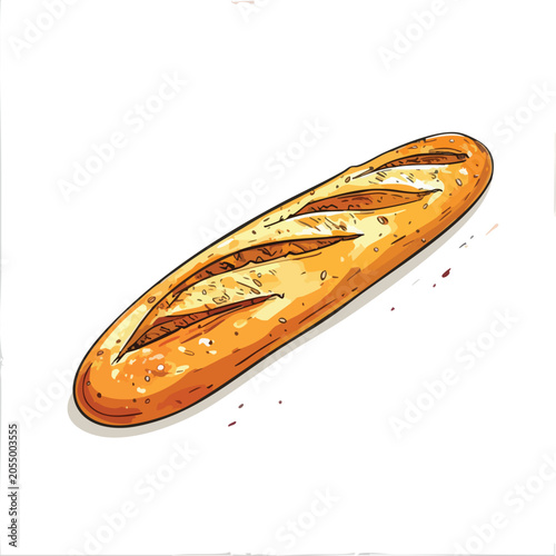 Hand drawn illustration of a fresh golden brown French baguette.