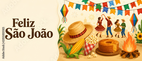 Festa Junina São João banner with Portuguese text Feliz São João meaning Happy Saint John, straw hat, corn, popcorn, cake, bonfire, flags, dancers, lanterns, copy space, Brazilian festival background