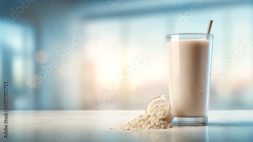 Protein shake glass with powder and spoon
