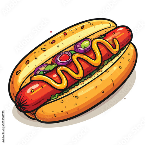 Illustration of a delicious grilled hot dog with mustard and onions.