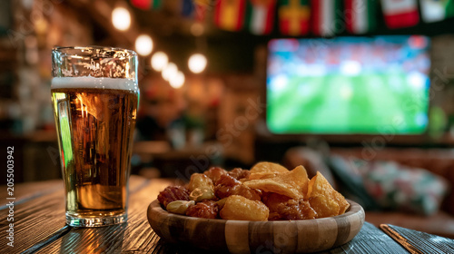 A frosty glass of lager beer on a wooden table in a lively sports bar, with delicious pub food like chicken wings and onion rings, against a blurred big screen showing a soccer match.	
