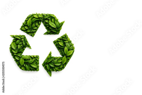 Green Recycling Symbol Made of Fresh Leaves on White Background, Sustainability Concept